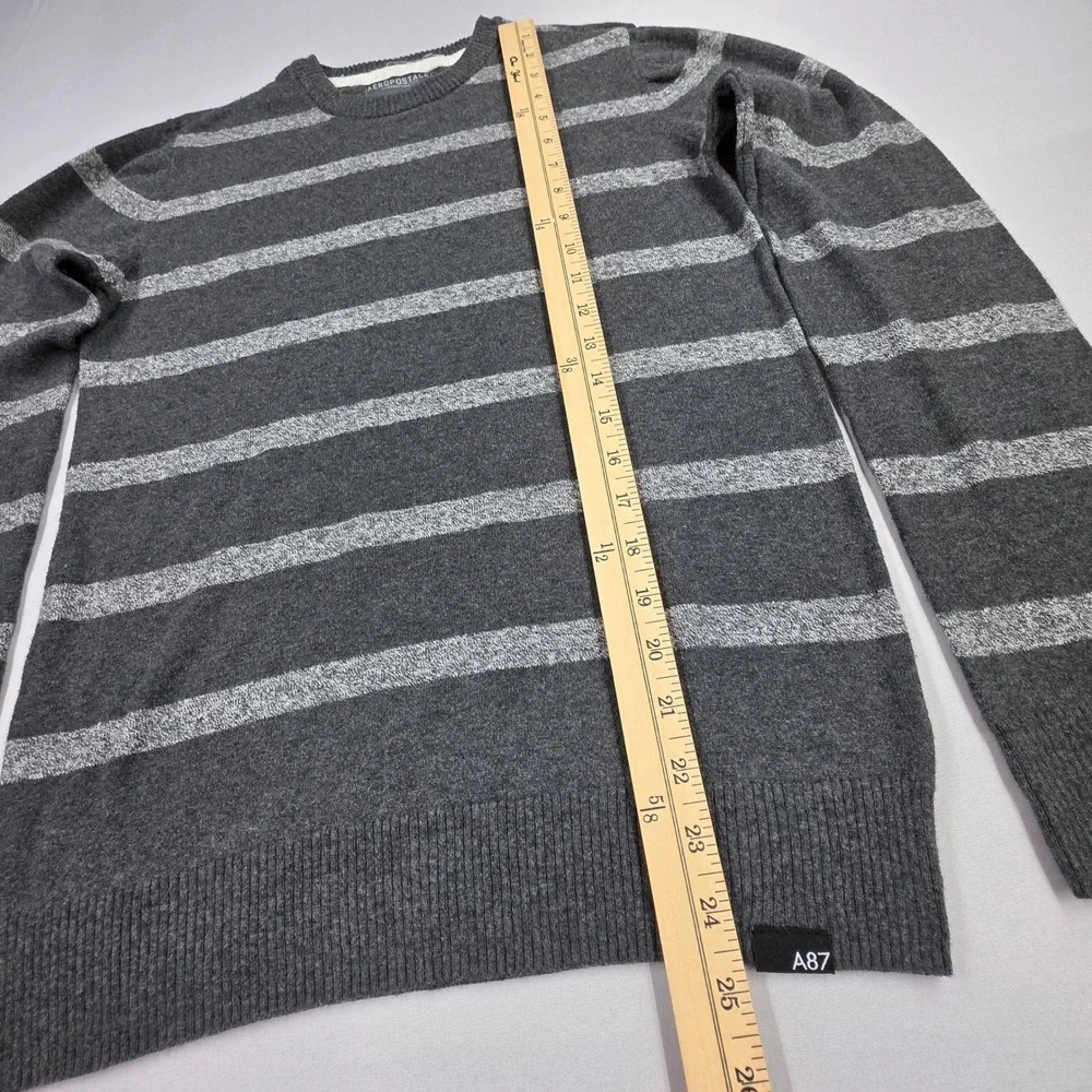 Aeropostale A87 Mens Small Gray Striped Crewneck Cotton Wool Blend Sweater